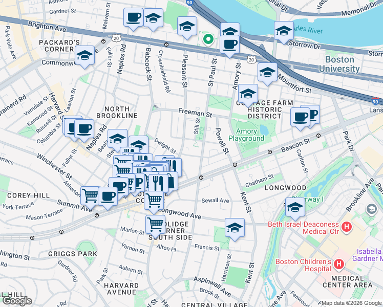 map of restaurants, bars, coffee shops, grocery stores, and more near 63 Parkman Street in Brookline