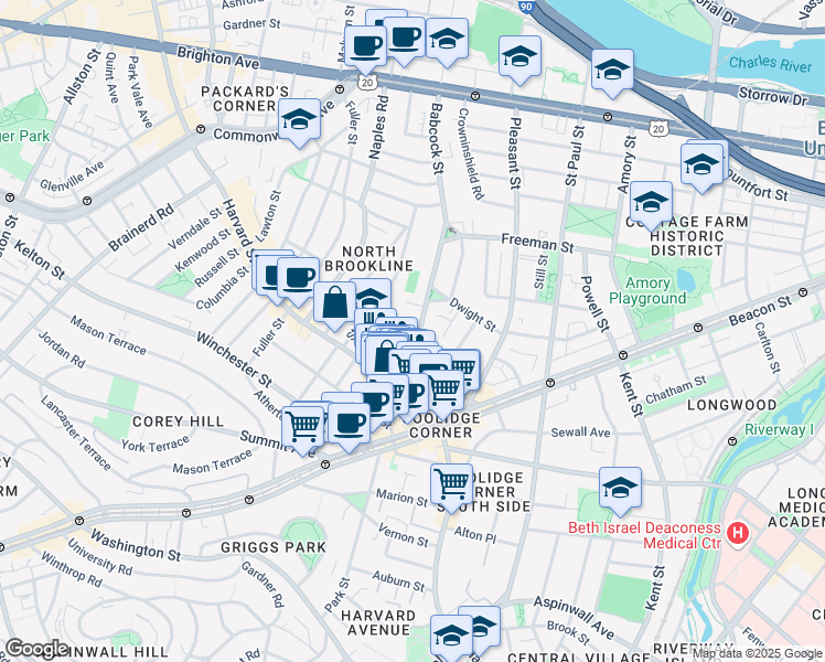 map of restaurants, bars, coffee shops, grocery stores, and more near 51 John Street in Brookline