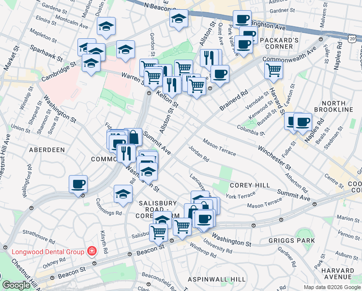 map of restaurants, bars, coffee shops, grocery stores, and more near 242 Corey Road in Boston