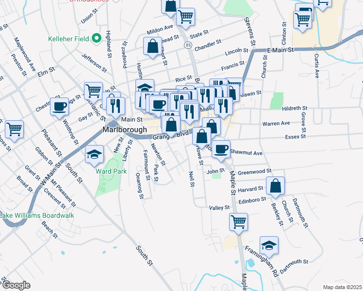 map of restaurants, bars, coffee shops, grocery stores, and more near 19 Neil Street in Marlborough