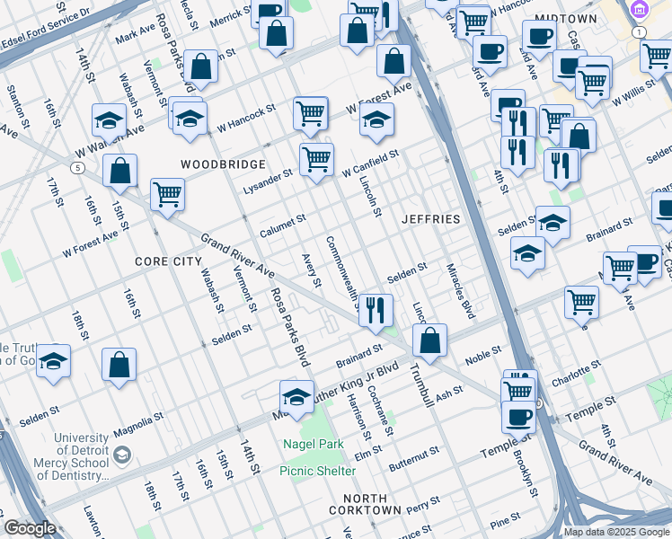 map of restaurants, bars, coffee shops, grocery stores, and more near 3977 Commonwealth Street in Detroit