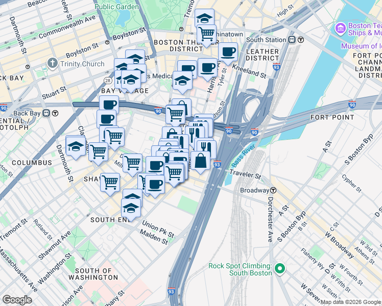 map of restaurants, bars, coffee shops, grocery stores, and more near 341 Harrison Avenue in Boston