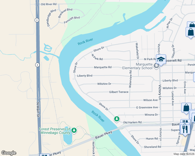 map of restaurants, bars, coffee shops, grocery stores, and more near 29 Liberty Boulevard in Machesney Park