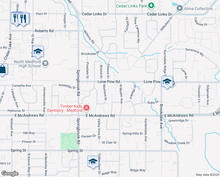 map of restaurants, bars, coffee shops, grocery stores, and more near 2708 Montara Drive in Medford