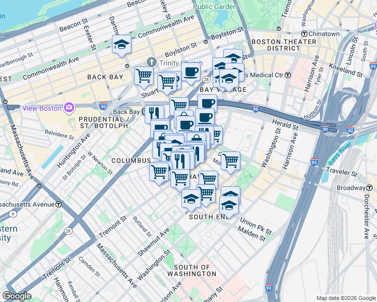 map of restaurants, bars, coffee shops, grocery stores, and more near Clarendon St & Warren Ave in Boston