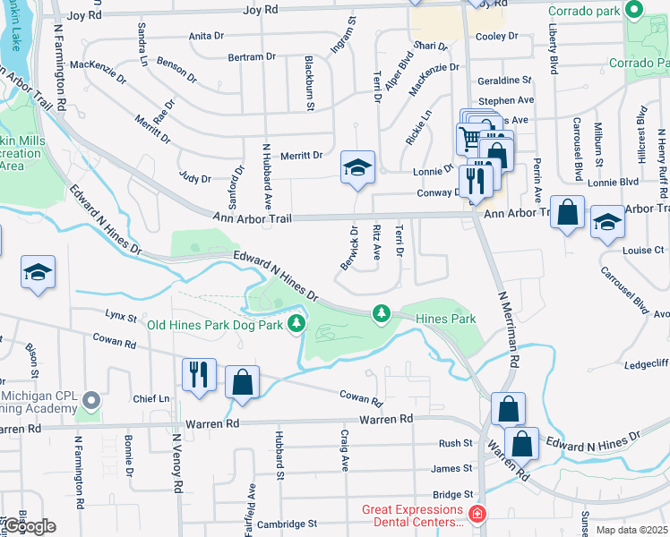 map of restaurants, bars, coffee shops, grocery stores, and more near 7551 Berwick Drive in Westland