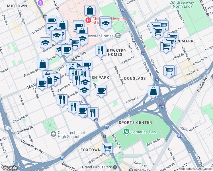 map of restaurants, bars, coffee shops, grocery stores, and more near 266 Edmund Place in Detroit