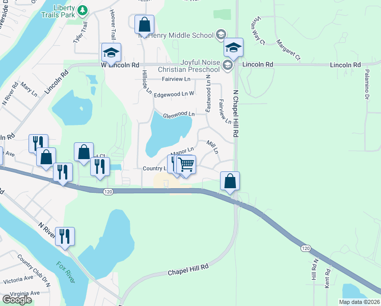 map of restaurants, bars, coffee shops, grocery stores, and more near 2301 Manor Lane in McHenry