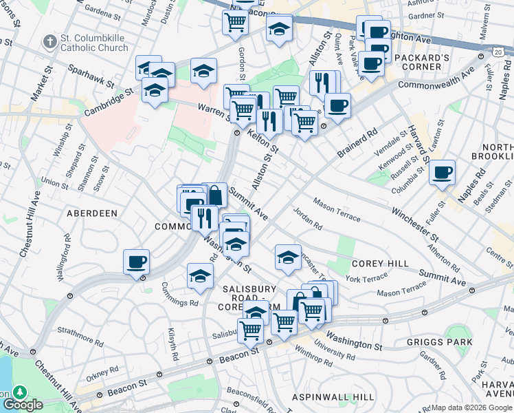 map of restaurants, bars, coffee shops, grocery stores, and more near 4 Woodstock Avenue in Boston