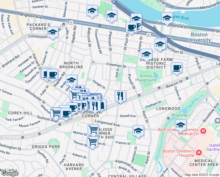 map of restaurants, bars, coffee shops, grocery stores, and more near 79 Pleasant Street in Brookline