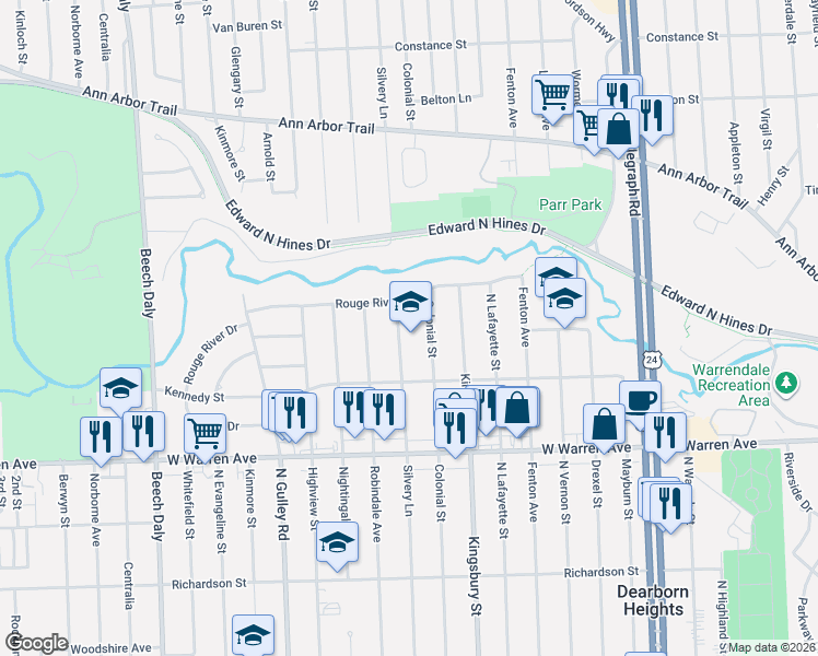 map of restaurants, bars, coffee shops, grocery stores, and more near in Dearborn Heights