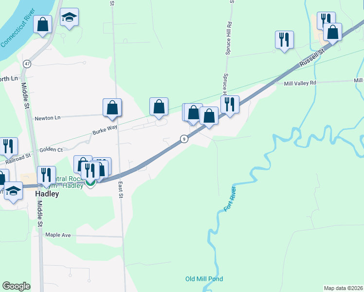 map of restaurants, bars, coffee shops, grocery stores, and more near 215 Russell Street in Hadley