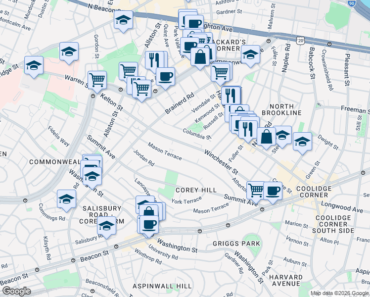 map of restaurants, bars, coffee shops, grocery stores, and more near 212 Winchester Street in Brookline