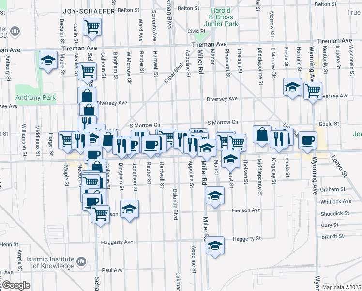 map of restaurants, bars, coffee shops, grocery stores, and more near 7238 Oakman Boulevard in Dearborn