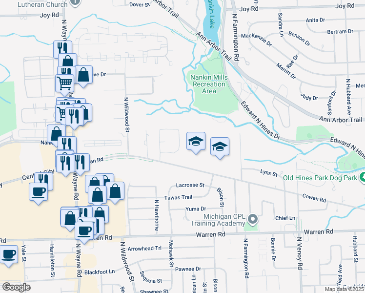 map of restaurants, bars, coffee shops, grocery stores, and more near 7834 Moonwood Place in Westland