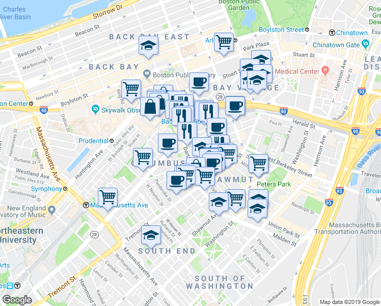 map of restaurants, bars, coffee shops, grocery stores, and more near 67 Dartmouth Street in Boston