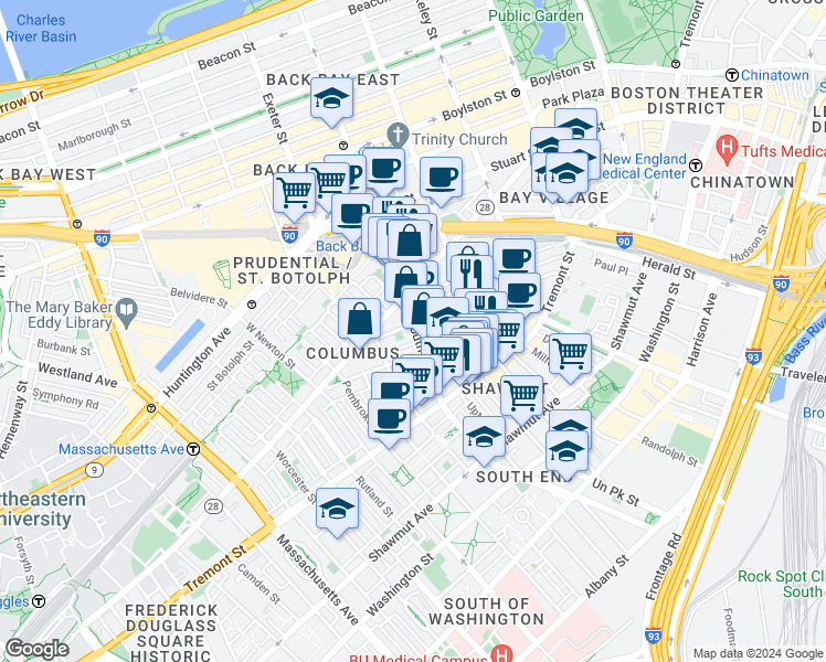 map of restaurants, bars, coffee shops, grocery stores, and more near 67 Dartmouth Street in Boston