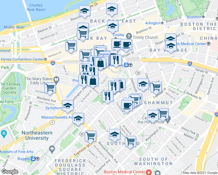 map of restaurants, bars, coffee shops, grocery stores, and more near in Boston