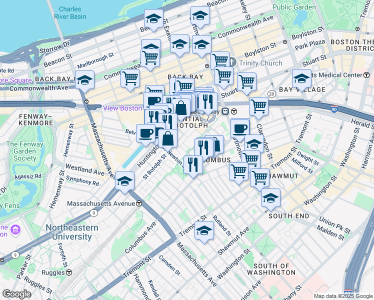 map of restaurants, bars, coffee shops, grocery stores, and more near in Boston