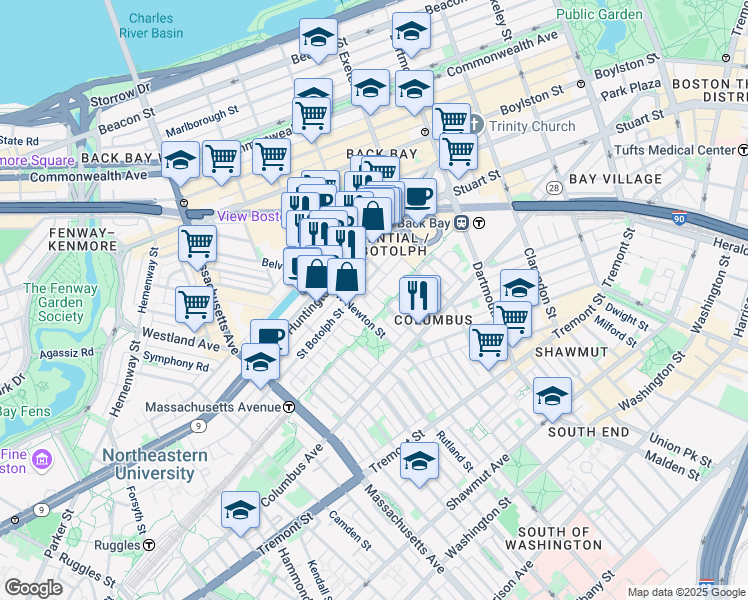 map of restaurants, bars, coffee shops, grocery stores, and more near 94 Saint Botolph Street in Boston
