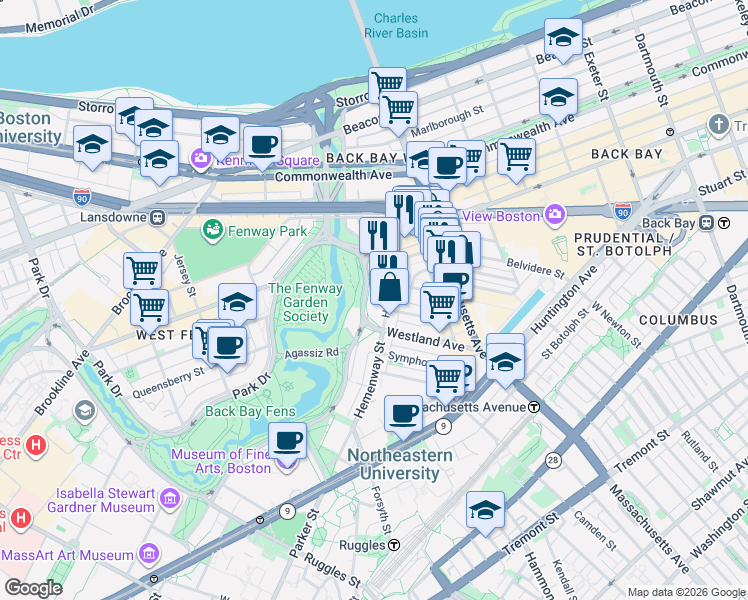 map of restaurants, bars, coffee shops, grocery stores, and more near in Boston