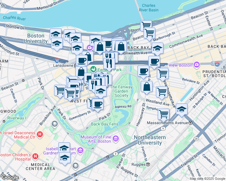 map of restaurants, bars, coffee shops, grocery stores, and more near Path Q in Boston