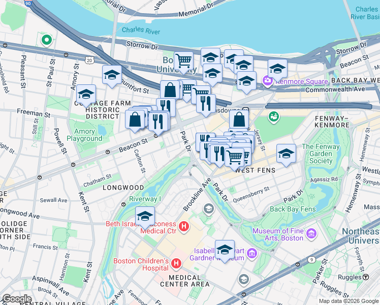 map of restaurants, bars, coffee shops, grocery stores, and more near 440 Park Drive in Boston