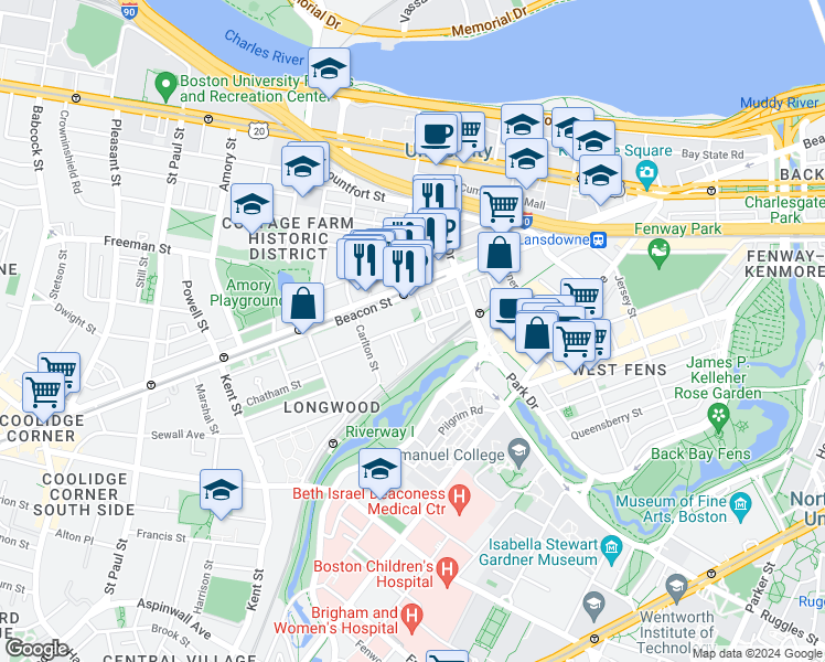 map of restaurants, bars, coffee shops, grocery stores, and more near 68a Monmouth Street in Brookline