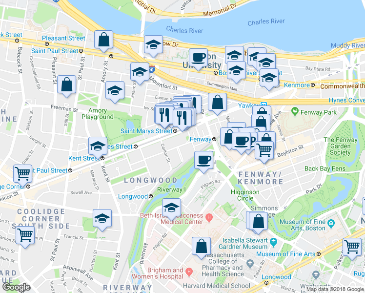 map of restaurants, bars, coffee shops, grocery stores, and more near 68a Monmouth Street in Brookline