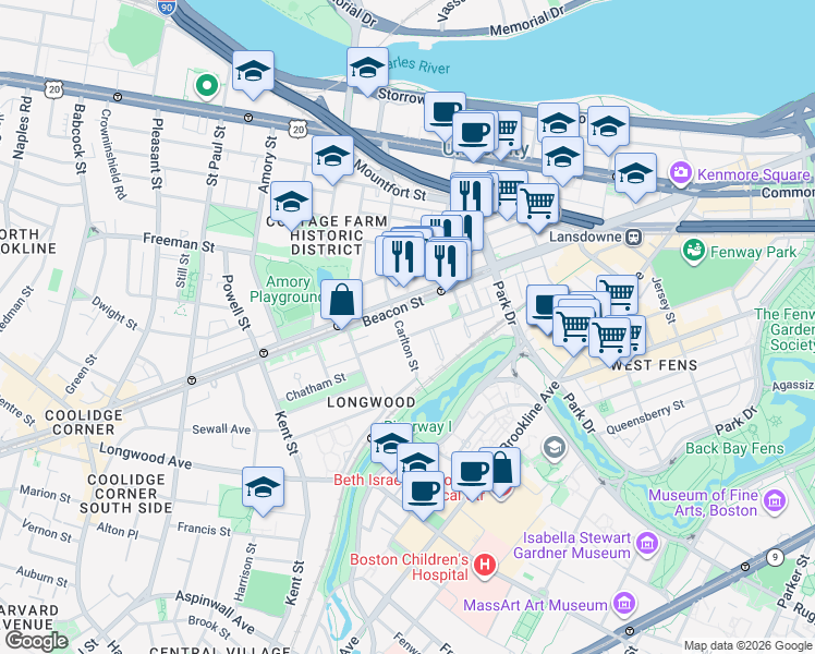 map of restaurants, bars, coffee shops, grocery stores, and more near 46 Carlton Street in Brookline