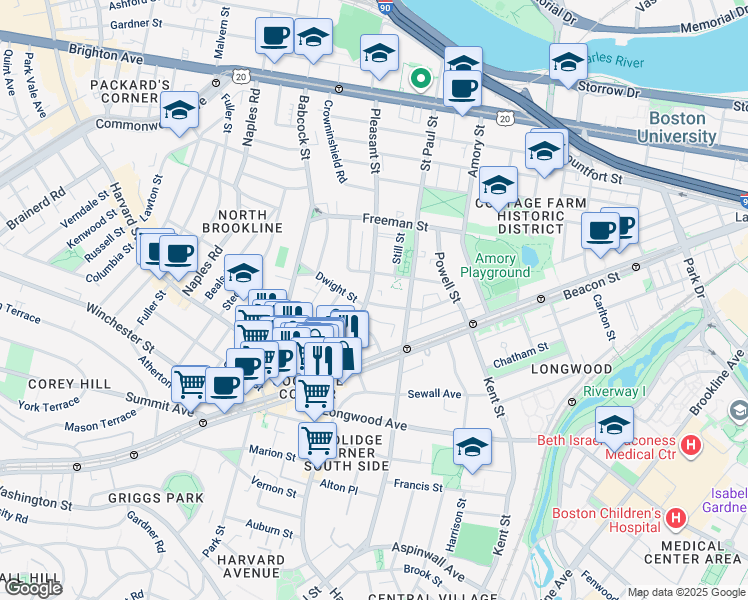 map of restaurants, bars, coffee shops, grocery stores, and more near 63 Parkman Street in Brookline