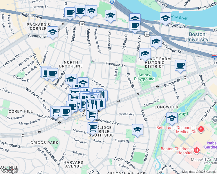 map of restaurants, bars, coffee shops, grocery stores, and more near 63 Parkman Street in Brookline