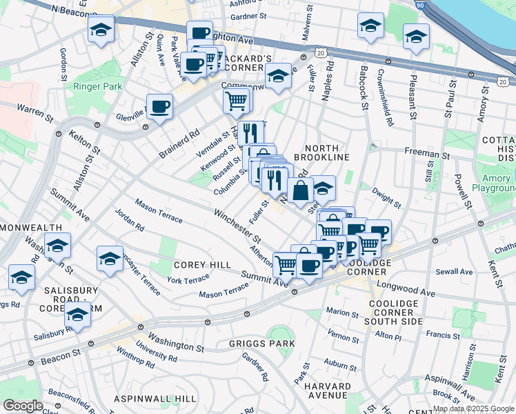 map of restaurants, bars, coffee shops, grocery stores, and more near 31 Coolidge Street in Brookline