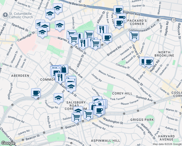 map of restaurants, bars, coffee shops, grocery stores, and more near 246 Corey Road in Boston