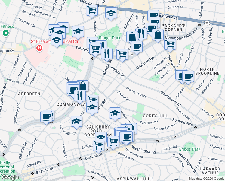 map of restaurants, bars, coffee shops, grocery stores, and more near 246 Corey Road in Boston