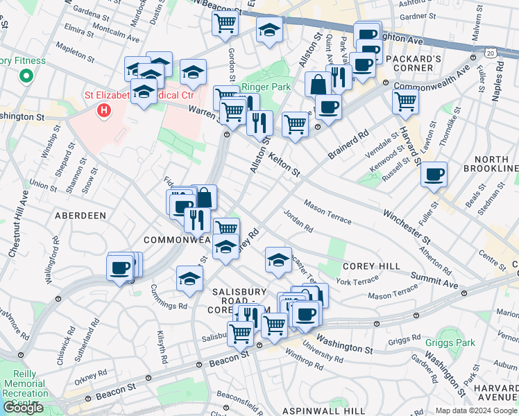 map of restaurants, bars, coffee shops, grocery stores, and more near 4 Woodstock Avenue in Boston