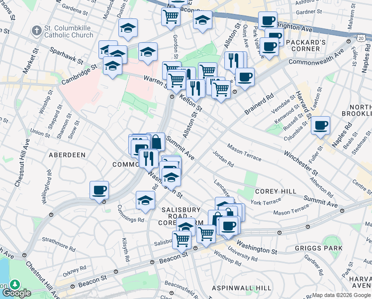 map of restaurants, bars, coffee shops, grocery stores, and more near 4 Woodstock Avenue in Boston