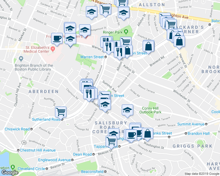 map of restaurants, bars, coffee shops, grocery stores, and more near 15 Carol Avenue in Boston