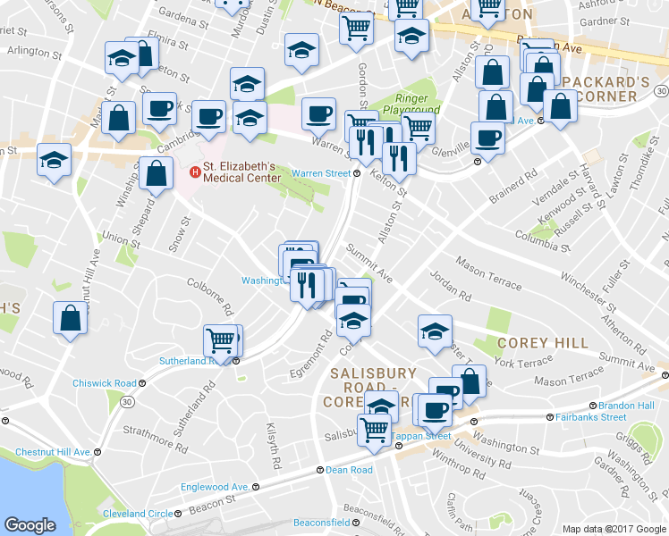 map of restaurants, bars, coffee shops, grocery stores, and more near 1542 Commonwealth Avenue in Boston