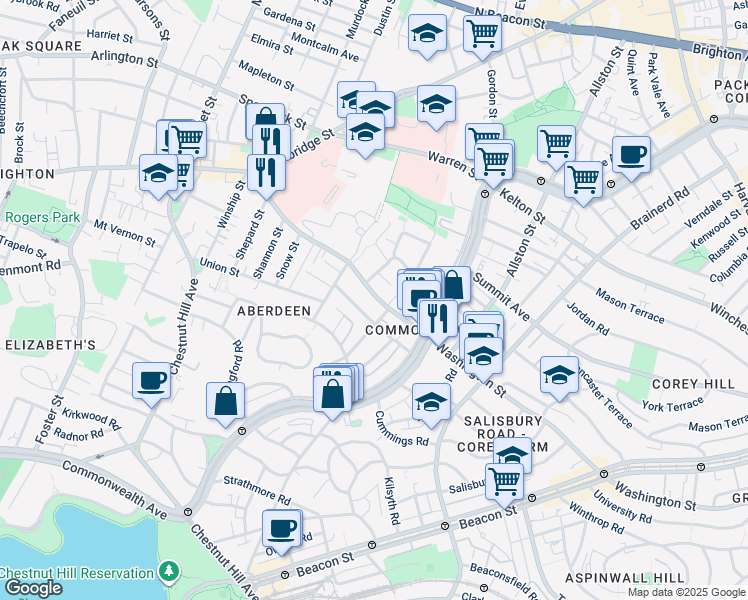 map of restaurants, bars, coffee shops, grocery stores, and more near 127 Washington Street in Boston
