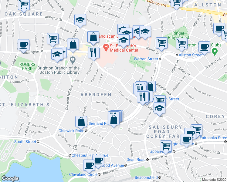 map of restaurants, bars, coffee shops, grocery stores, and more near 78 Claymoss Road in Boston