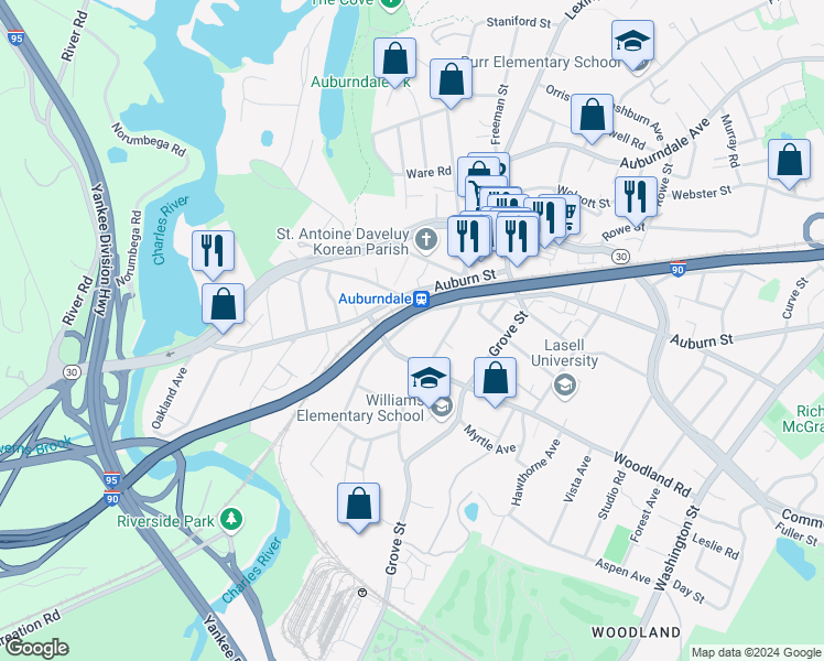 map of restaurants, bars, coffee shops, grocery stores, and more near 234 Central Street in Newton