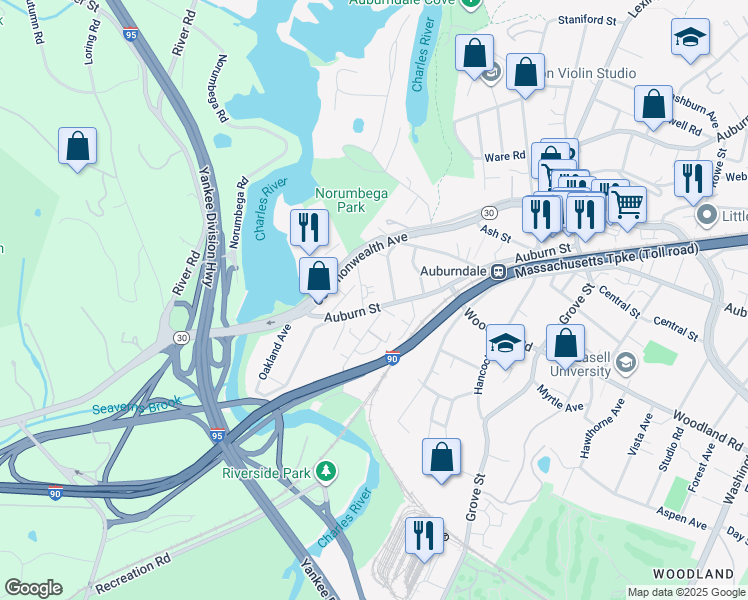 map of restaurants, bars, coffee shops, grocery stores, and more near 2320 Commonwealth Avenue in Newton