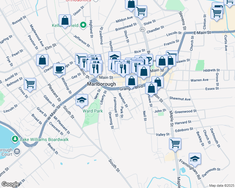 map of restaurants, bars, coffee shops, grocery stores, and more near 47 Newton Street in Marlborough