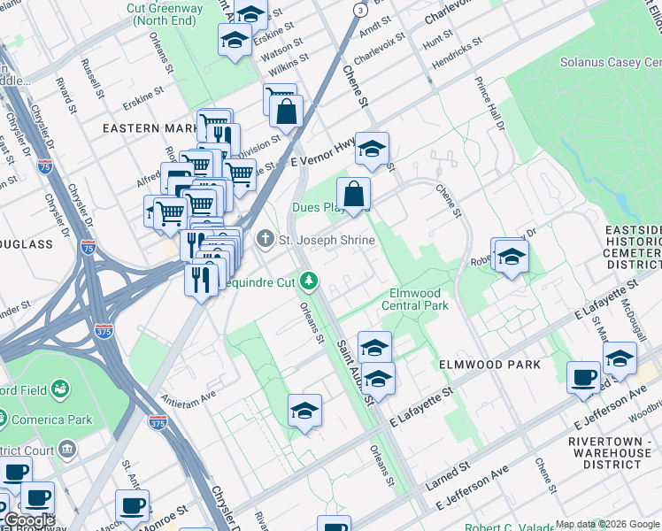map of restaurants, bars, coffee shops, grocery stores, and more near 2053 Hyde Park Drive in Detroit