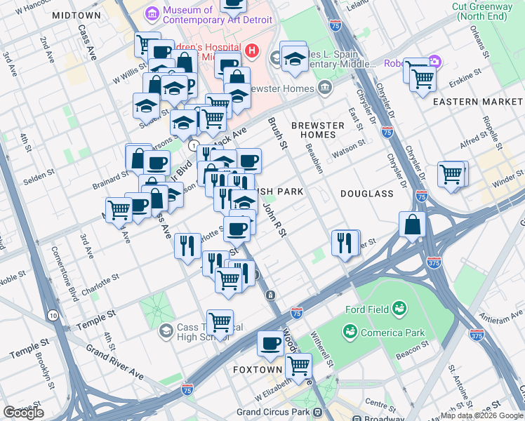 map of restaurants, bars, coffee shops, grocery stores, and more near in Detroit