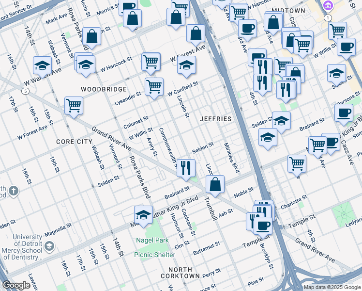 map of restaurants, bars, coffee shops, grocery stores, and more near 3962 Trumbull Avenue in Detroit