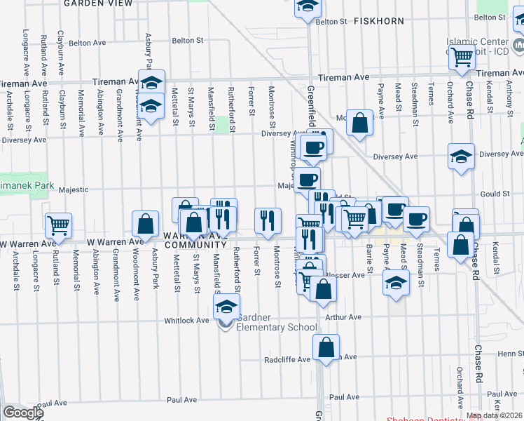 map of restaurants, bars, coffee shops, grocery stores, and more near 7291 Montrose Street in Detroit