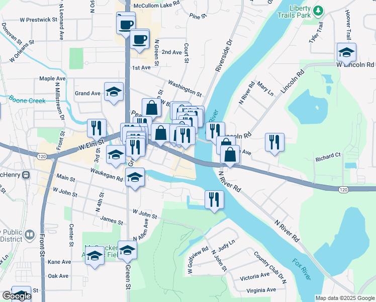 map of restaurants, bars, coffee shops, grocery stores, and more near 1312 Riverside Drive in McHenry