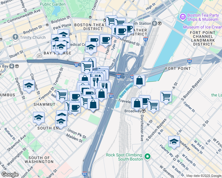 map of restaurants, bars, coffee shops, grocery stores, and more near 212 Albany Street in Boston